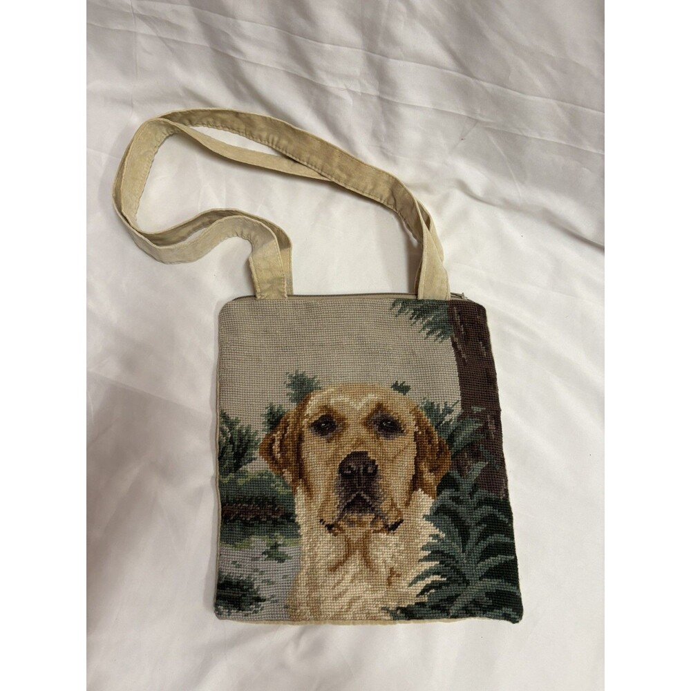 Golden Retriever Dog Portrait Needlepoint purse Velvet Beige Embroidered Zipper